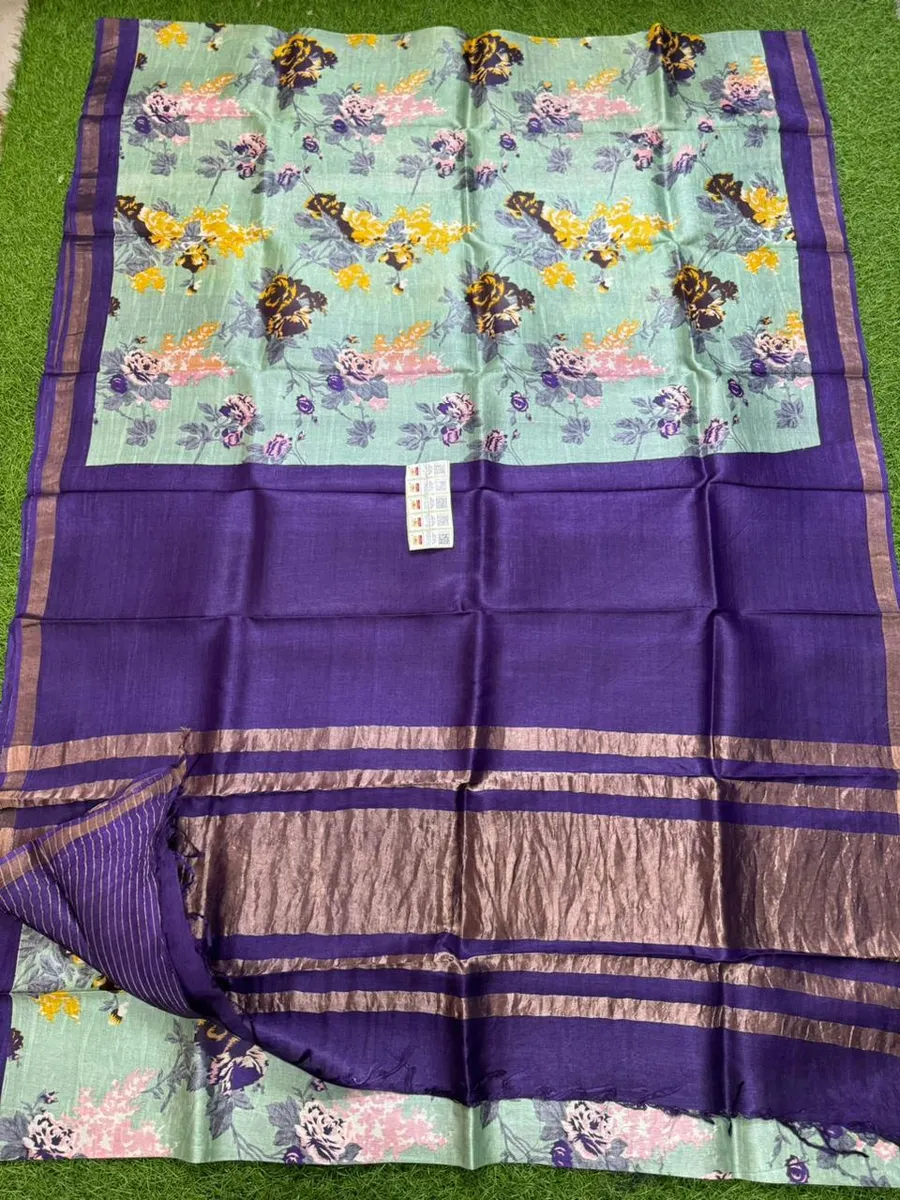 Tussar Silk Saree Kalamkari Print Pure Soft Zari Weaving Contrast Border And Pallu Attach Blouse Piece